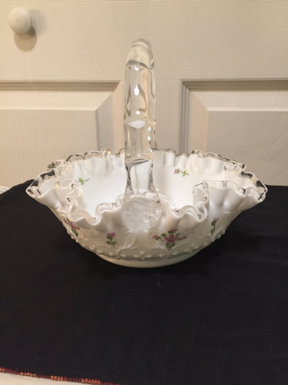 Vintage Fenton Silver Crest Basket Hand Painted Violets Clear Handle B. Shinn